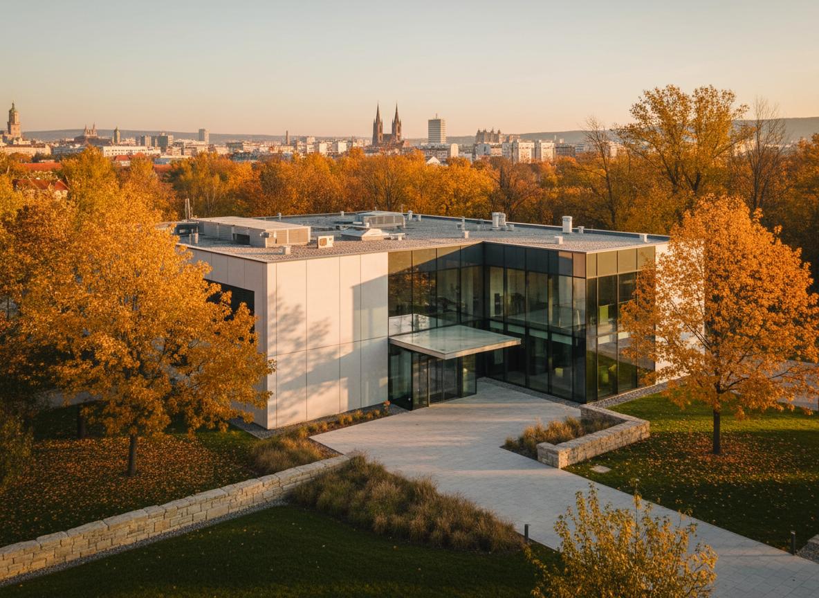 Moderní krematorium pro zvířata v Brně s podzimními stromy a panoramatem města v pozadí